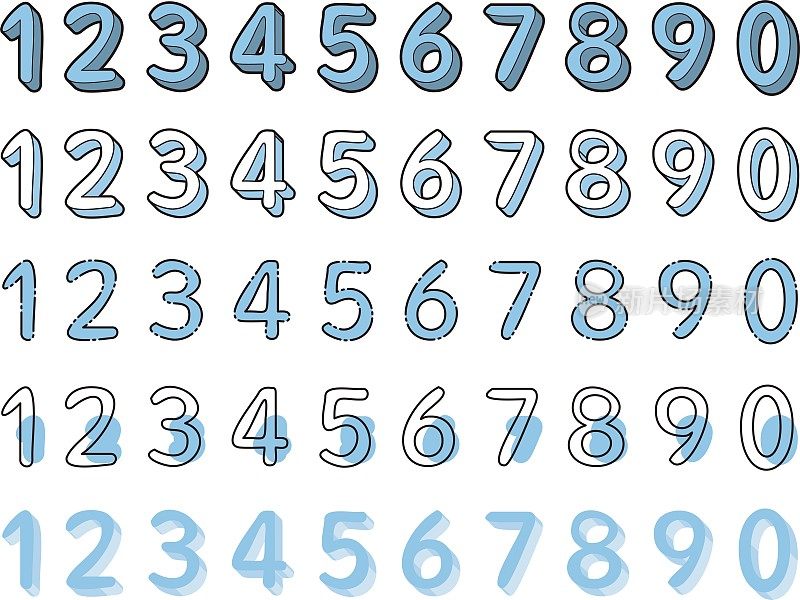 一组从0到9的蓝色数字绘制在不同的风格/插图材料(矢量插图)
